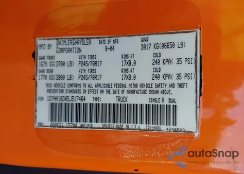 2005 Dodge Ram 1500 Slt/Laramie from USA, damaged, VIN 1D7HA18D05J517464